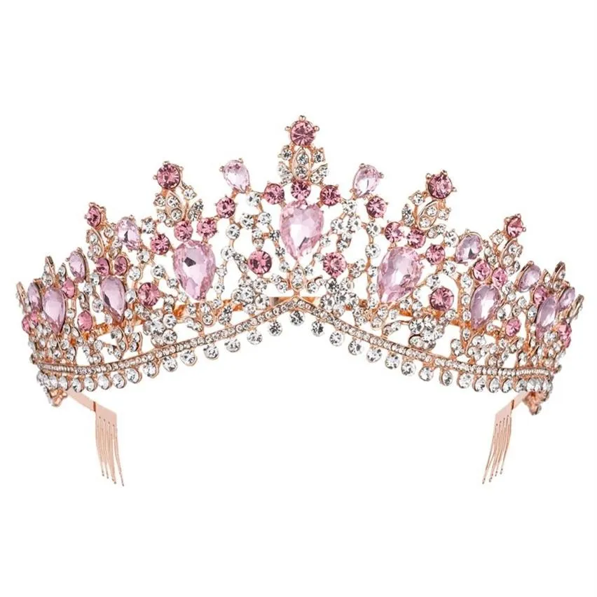 Barok Rose Gold Pink Crystal Bridal Tiara Crown z grzebieniami konkursów Prom Rhinestone Veil Tiara Tiara Opaska Wedding Hair Akcesoria Y282N