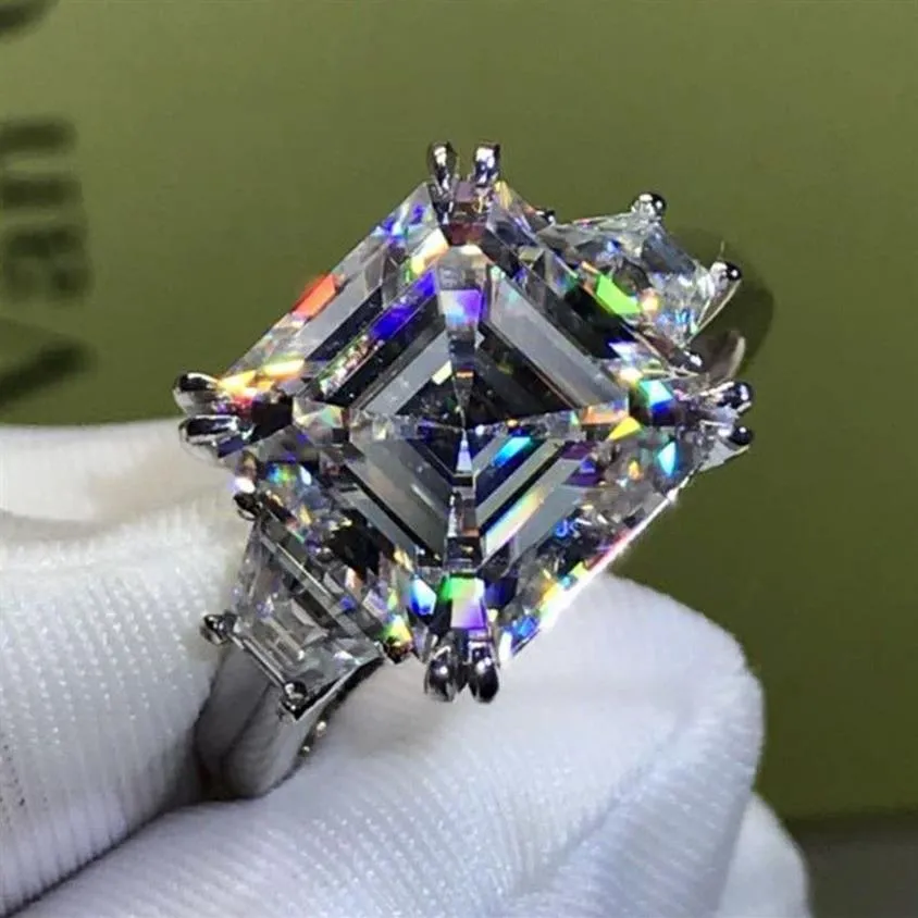 Choucong Luxury Jewelry Real 925 Sterling Silver Princess Cut White Topaz CZ Diamond Three Stone Gemstones Women Wedding Bridal Ri164o
