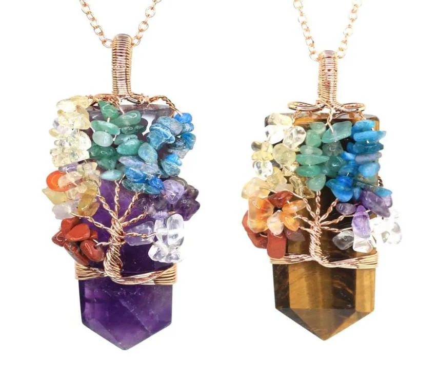 JLN Natural Crystal Life Tree Pendant Chip Gemstone Wrapped Quartz Sword Shape Hexagon Prism Amulet Charm med mässingskedja halsband7549498