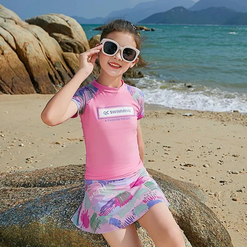 Conjunto de roupa de banho infantil para meninas, duas peças, roupa de banho fofa de princesa, roupa de banho tankini para crianças, saia de praia 614y