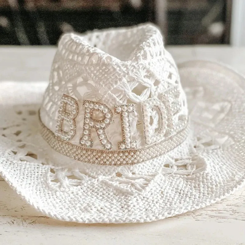 Bride Cowgirl Hat White Diamond Fringe Fedora Polyester  display picture 1