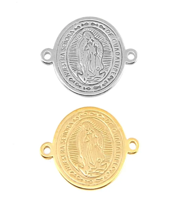 Onze Lieve Vrouw 2 Loops connector Virgen de Guadalupe kleine charmes gouden kleur medaille tags ronde roestvrijstalen hanger 50st7159391