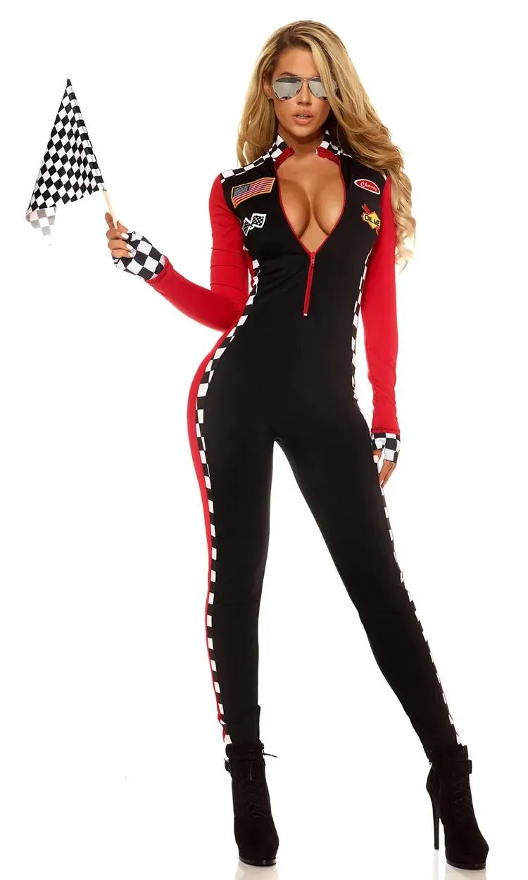 Sätt långärmad spandex Kvinnor Race Car Costume Jumpsuit Sexig Race Car Driver Halloween Costumes Women Deep V Zipper Front Catsuit Y189