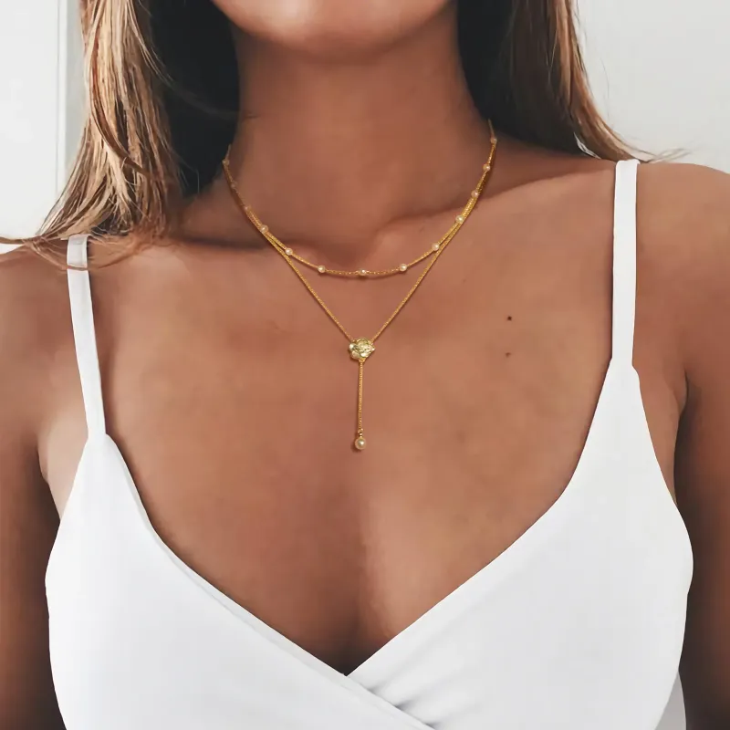 Anhänger Halsketten Frauen Simulierte Perle Perlen Kette Zierliche Gold Farbe Edelstahl Blume Charm Kragen Halskette