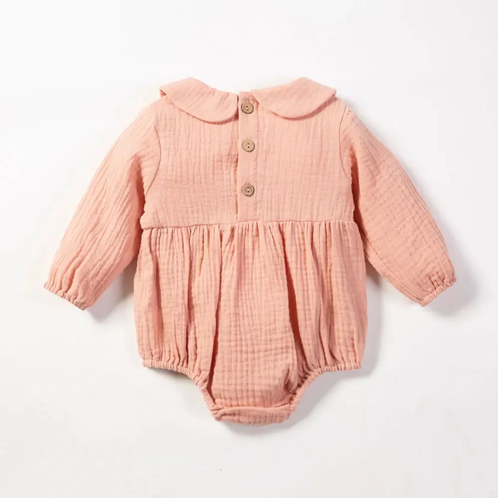 Baby Long Sleeve Romper 0 24m 100 Cotton Linen Solid Casual Triangle Climbing Suit Born Girl Cute Jumpsuit 231226