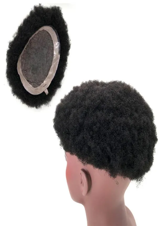 Hela män peruk Toupee Swiss Mono Lace Afro Curly Human Hair Toupee för Mens4296494