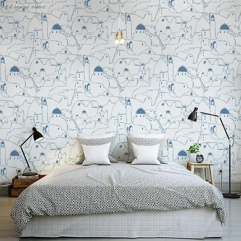 Tapety Nordic Abstract Castle Santorini Egean Wallpaper w stylu Morza Śródziemnego w sypialni Tło Tło Niebieska Biała