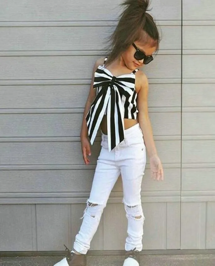 Kids Clothes Girls Suit stripe Tops pants 2 Pieces The Strapless Set Kids Bowknot Hole white pants girls clothing set5435507