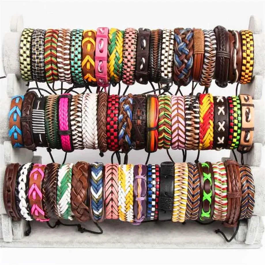 whole 100pcs Cuff Leather Bracelets Handmade Genuine Leather fashion bracelet bangles for Men Women Jewelry mix colors brand n264Y
