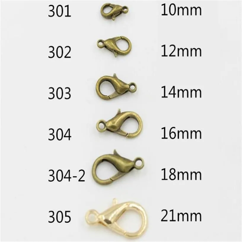 Hela 1000pcs imitation rodium pläterat 10mm 12mm 14mm 16mm 18mm 21mm 23mm 24mm zinklegering hummer clasps krokar smycken findi3098