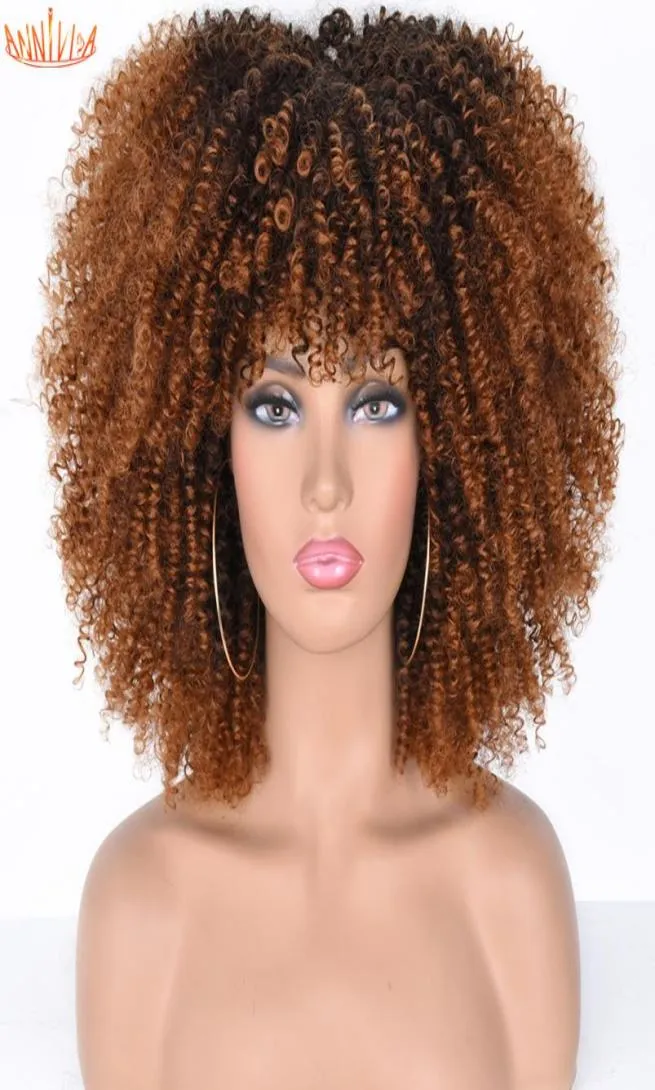 Kısa Afro Kinky Kıvırcık Peruk Siyah Kadınlar İçin Patlamalı Sarışın Karışık Kahverengi Sentetik Cosplay Afrika perukları Isıya Dayanıklı Anniviafac6575069