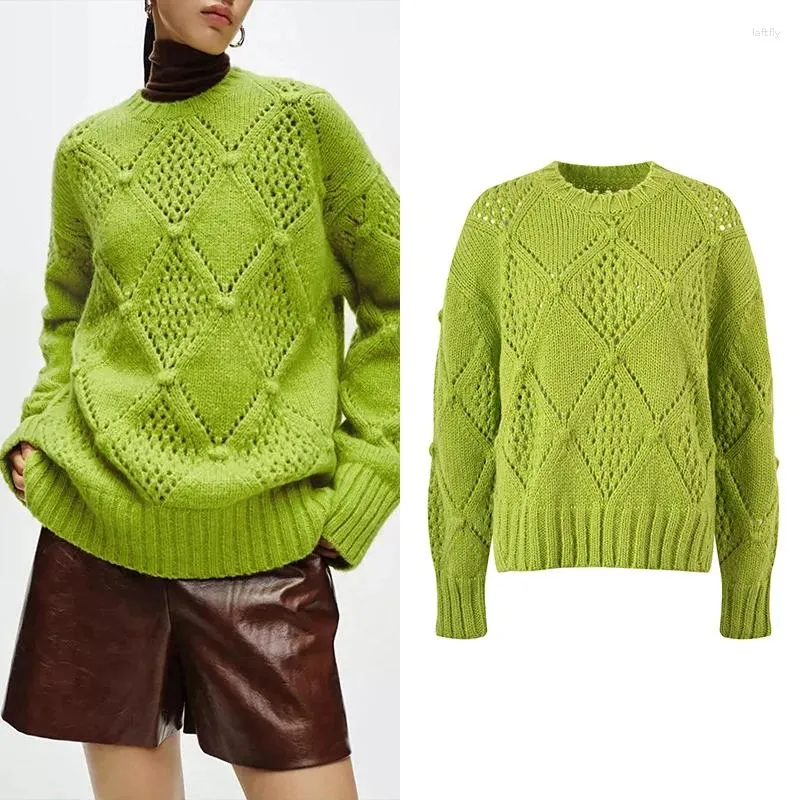 Kvinnors tröjor Diamond Grid Hollow Twisted Wool Pullover Tweater For Women Autumn Winter Casual Loose Thick Thread Needle Knit
