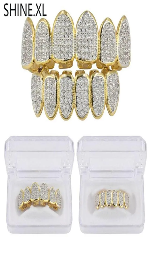 Gold Silver Plated Hip Hop Vampire Teeth Grillz Top and Bottom Iced Out Micro Pave CZ Stone Bling Body Jewelry9402593