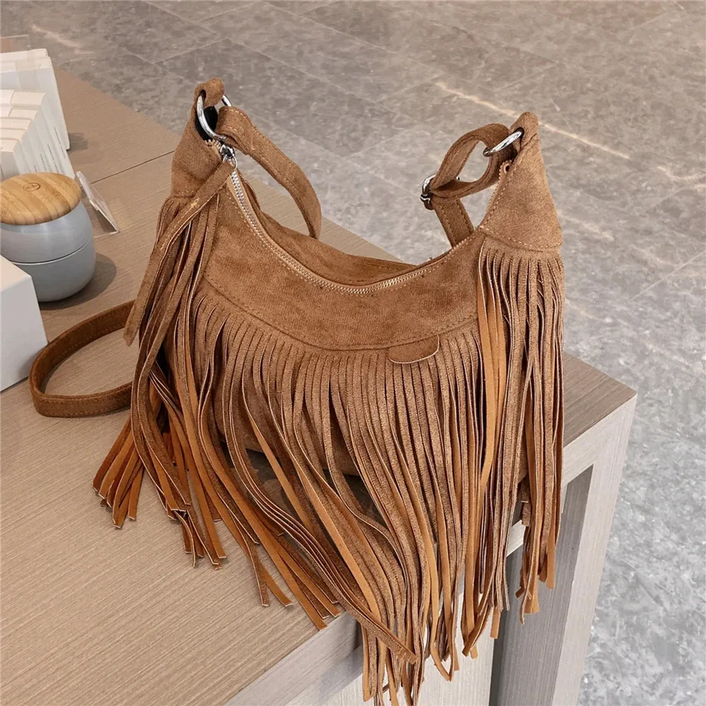 Hifashion Retro Suede Fringed Hobo Crossbody Bags For Women Trend Designer Shoulder Bag Ladies Handbags Black Brown Blue 231226