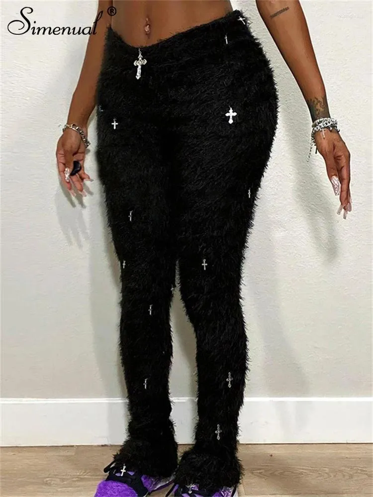 Pantalon Femme Simenual Chaud Doux Fourrure Crayon Mode Cross Accessoires Hipster Long Pantalon Fée Punk Slim Pantalon Femmes Automne Hiver