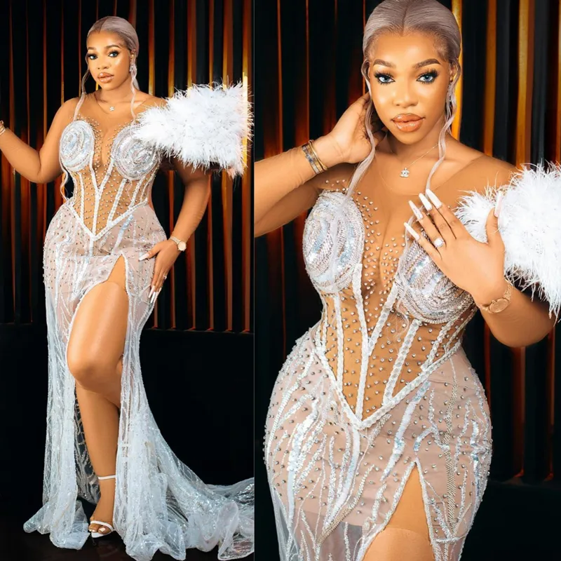 Plus Size Aso Ebi Prom Dresses Feather Long Sleeves Illusion Fulllace High Split Evening Dresses Elegant for Black Women Formal Dresses Birthday Party Gowns ST709