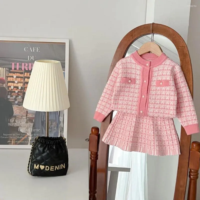 Ensembles de vêtements automne bébé fille vêtements tricoté ensemble tenues à carreaux mini jupe avec col rond boutonné cardigan de 2 à 7 ans