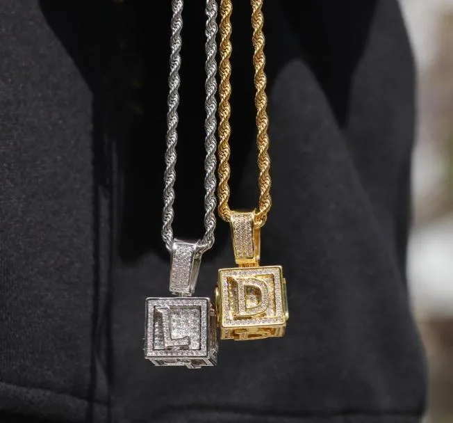 Iced Out Initial Letter Necklace Pendant Gold Silver Cube Dice Hiphop Necklace Mens Hip Hop Jewelry5407439