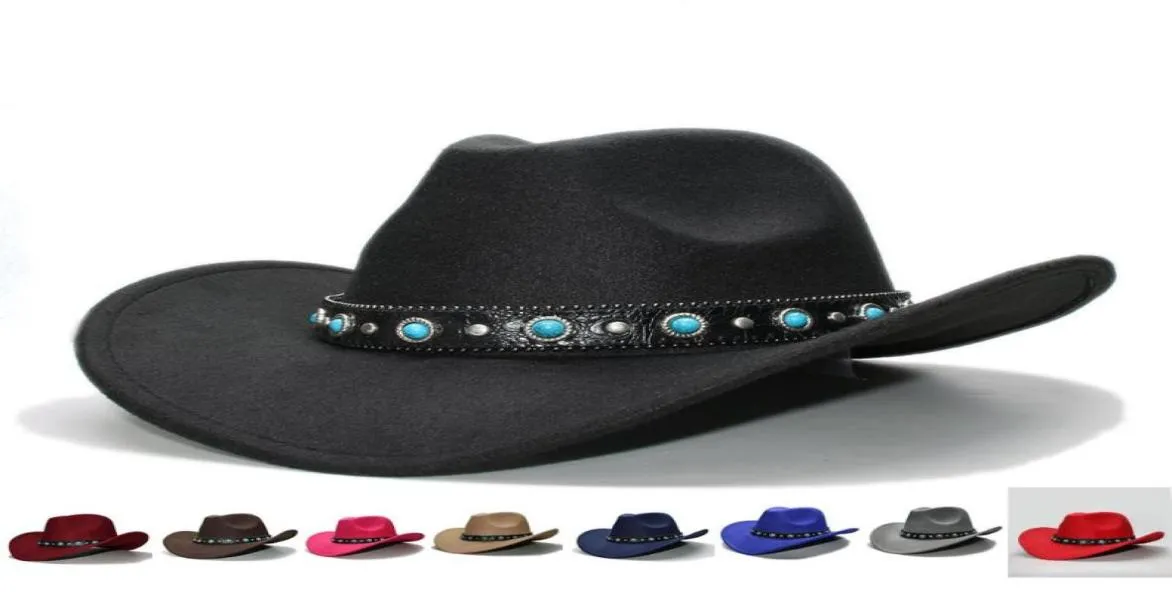 Brede Rand Hoeden Retro Vrouwen Mannen 100 Wol Cowboy Western Cowgirl Bolhoed Fedora Cap Turquoise Kraal Vintage Lederen Band 57cmAdj8306101