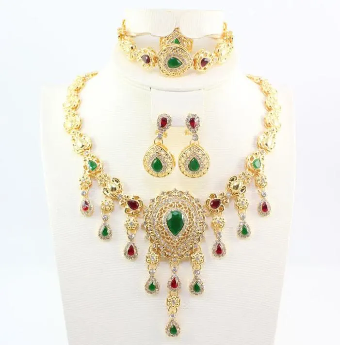 Zirkon mücevher kristal gelinlik aksesuarları kostüm kadınlar parti altın rengi Afrika boncuklar kolye püskül takı setleri cx2008084257562