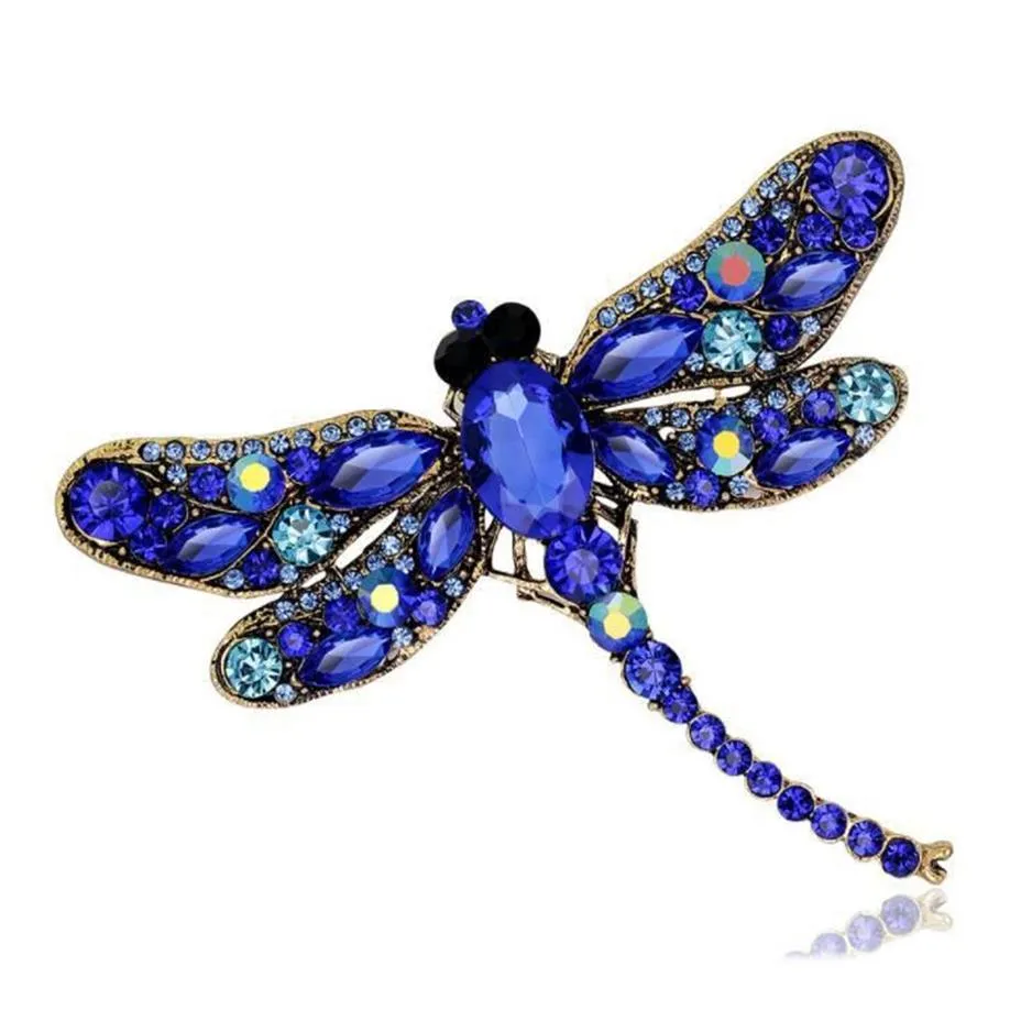 Broches libellule en strass pour femmes, couleur or Antique, écharpe, broches à revers, animaux, bijoux en cristal, cadeaux 216F