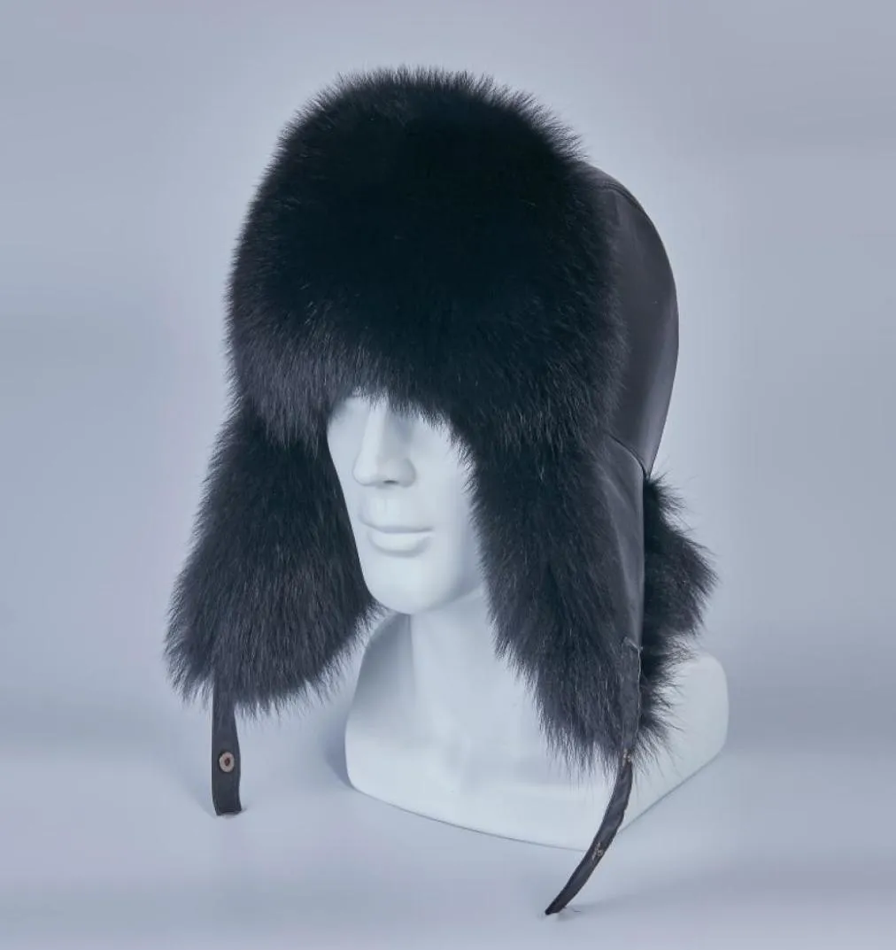 Fashionrussiska ushanka hattar av riktig tvättbjörn päls trapper hat öronflapp män verklig sr äkta läder ryska vintermössa H2106358361