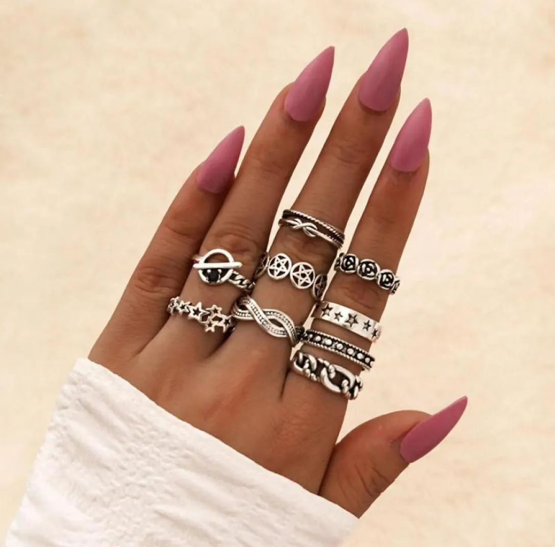 PCSSET Punk Chunky Link Star Flower Rings Ustaw geometryczną osobowość dla kobiet mężczyzn Akcesoria Jewlery Cluster2808691