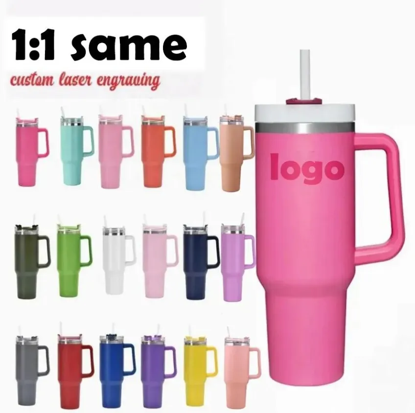DHL 1:1 same LOGO 40oz Hot Pink Mugs Stainless Steel Tumblers Mugs Cups Handle Straws Big Capacity Beer Water Bottles Outdoor Camping with Clear/Frosted Lids B1226