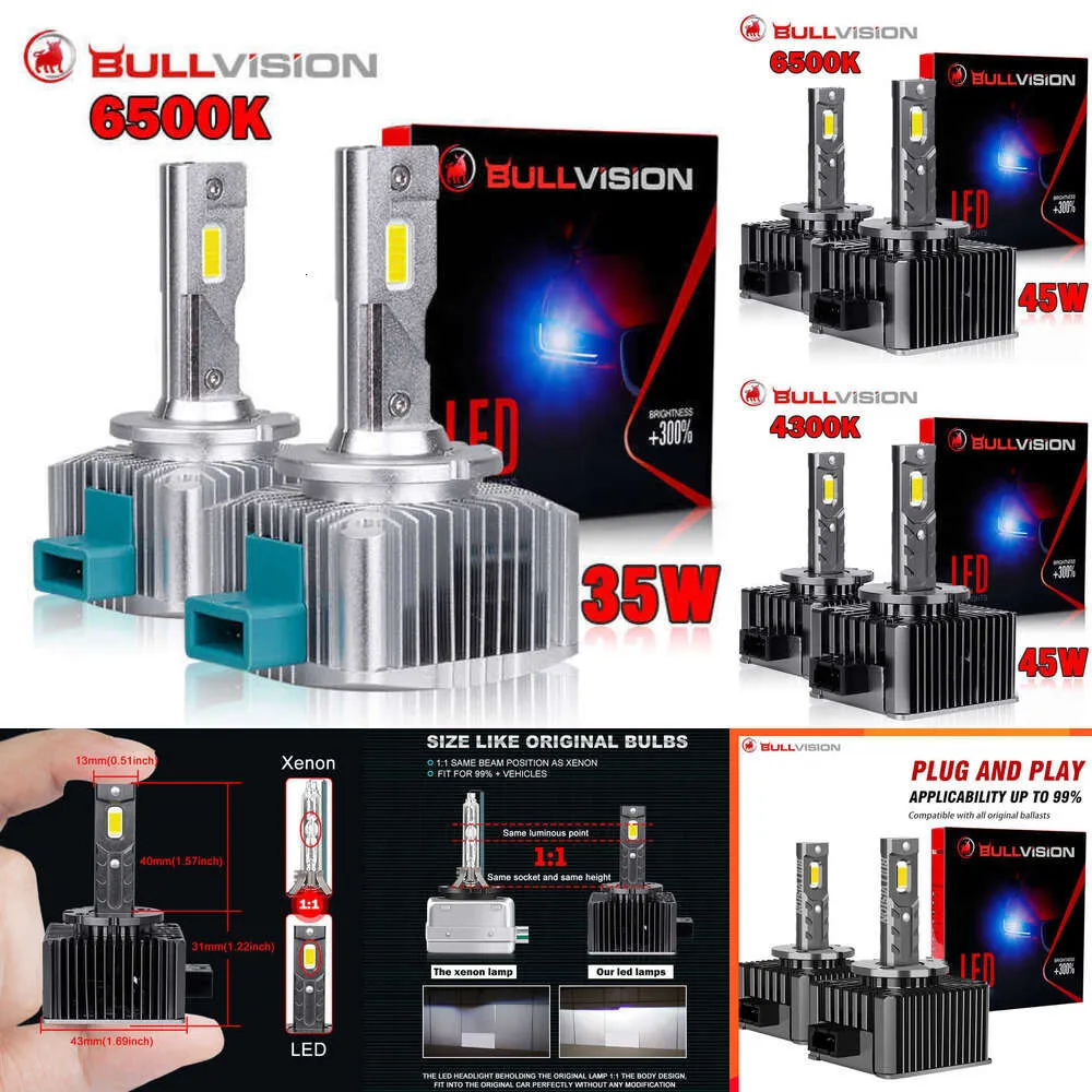 Araba Yeni Bullvision D3S LED FARLAR D1S D2S D4S D5S D8S D1R D2R D3R Turbo LED 35000lm İki Taraflı CSP Çip 6500K 4300K ​​90W Fiş Oyunu