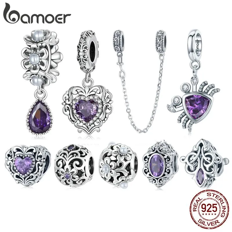 Boîtes Bamoer Sterling Sier violet brillant pierre Collection charmes amour goutte pendentif adapté pour bracelet à breloques motif Vintage perles