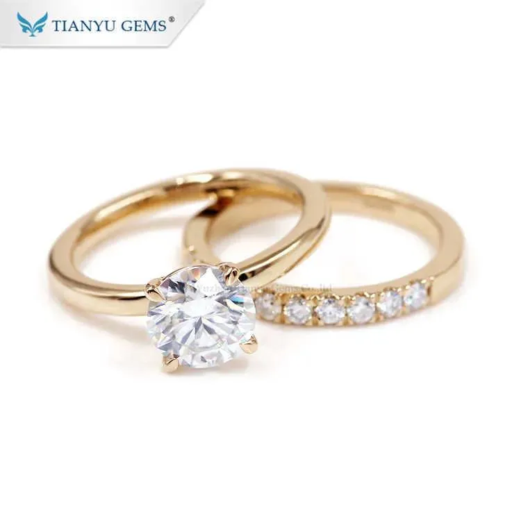 Ringe Tianyu Fine Jewelry Custom 585 750 echtes massives Gelbgold Mossanit-Hochzeits-Solitär-Moissanit-Verlobungsring-Set für Frauen