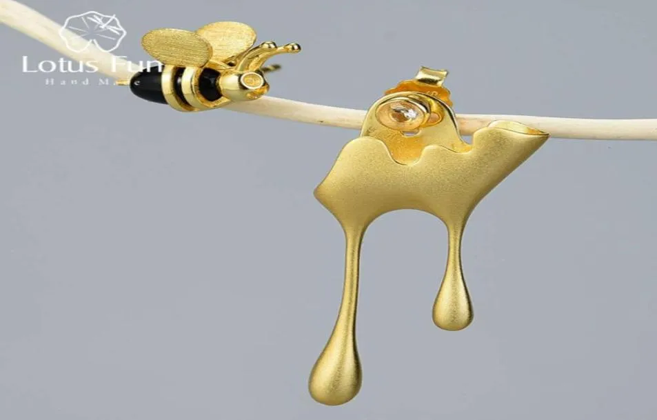 Real 925 Sterling Stud Srebrne kolczyki ręcznie robiona biżuteria 18k złota pszczoła i kroplowanie miodu Asymetryczne kolczyki dla kobiet prezent 40754206909981