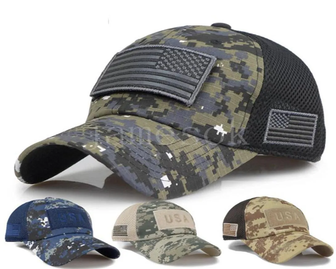 Chapéu de beisebol camuflado tático de 5 estilos masculino malha de verão bonés militares do exército construídos bonés de caminhoneiro com remendos de bandeira dos EUA DD17084705