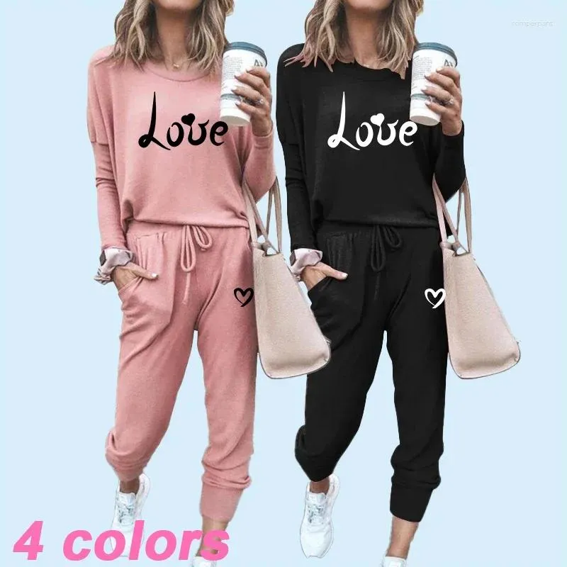 Calças femininas de duas peças moda feminina duas peças jogger conjunto casual pulôver esportes wear roupas esportivas jogging amor bonito conjuntos de impressão para o sexo feminino