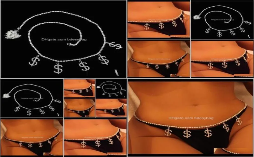 Łańcuchy Drop dostawa 2021 Dollar Symbol Diamond Taist Woman Beach Charm Bikini Belly Seksowna biżuteria do łańcucha ciała QWARF5609603