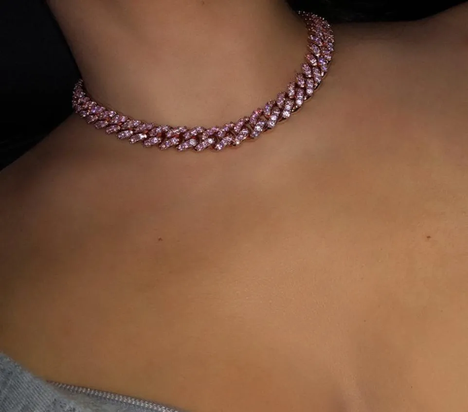 Pink Girl Women Jewelry Micro Pave Pink CZ Miami Cuban Link Chain Choker Naszyjnik Kobiet Hip Hop Biżuteria Moda 4359332