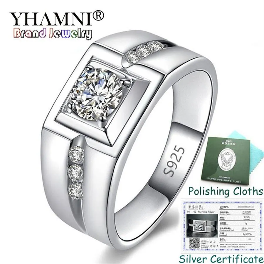 Yhamni enviado certificado real 925 prata esterlina anéis de casamento charme masculino jóias incrustações cz zircão anéis de noivado para homem kprj29294s