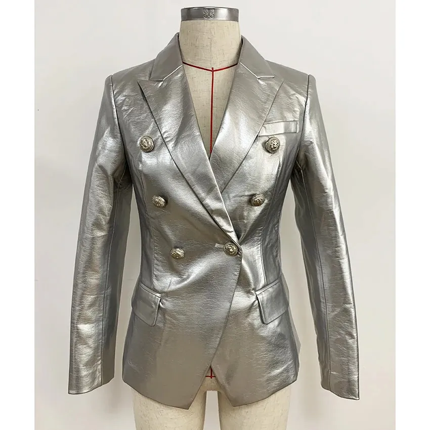High Street Est Designer Stylish Runway Womens Fashion Lion Buttons Silver Leather Blazer Jacket 231225