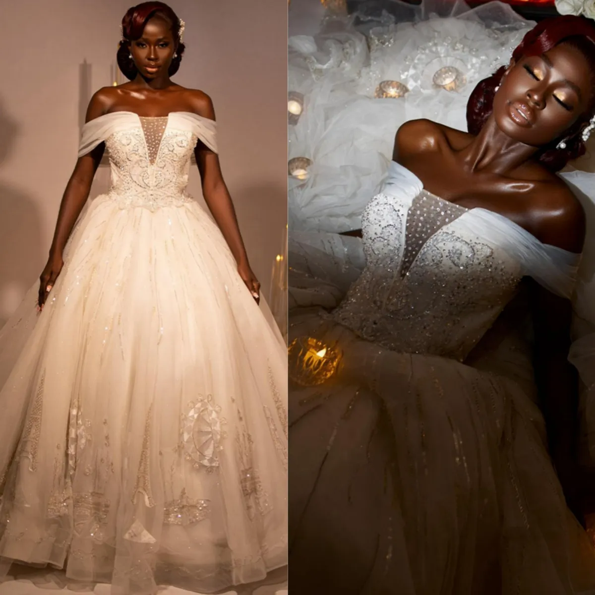 Abiti da sposa Aso Ebi taglie forti Abito da ballo con spalle scoperte Abito da sposa per donne nere africane Sposa Splendidi abiti da sposa in tulle con perline di pizzo a strati per matrimonio CDW177