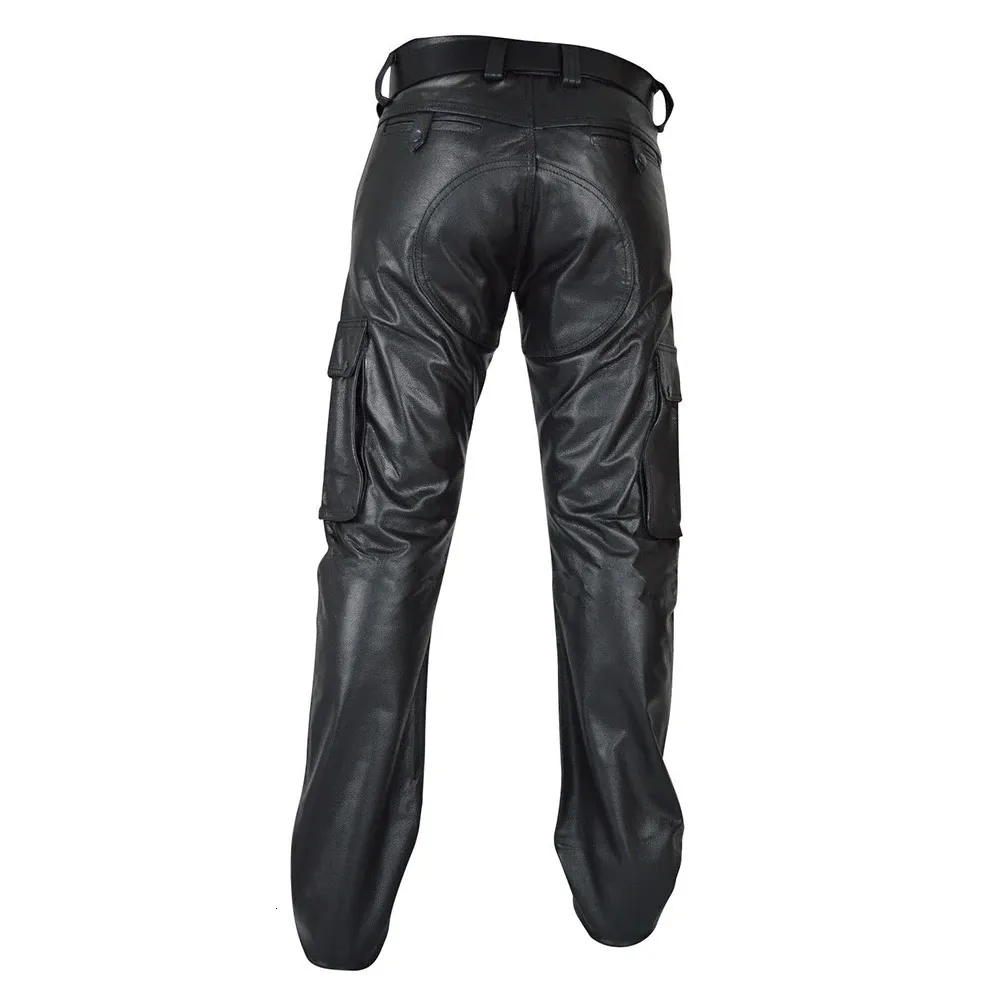 Männer Punk PU Leder Gerade Hosen Slim Fit Motorrad Hosen Hübscher Männlicher Treedy Streetwear Casual Cargo Mit Tasche 231225