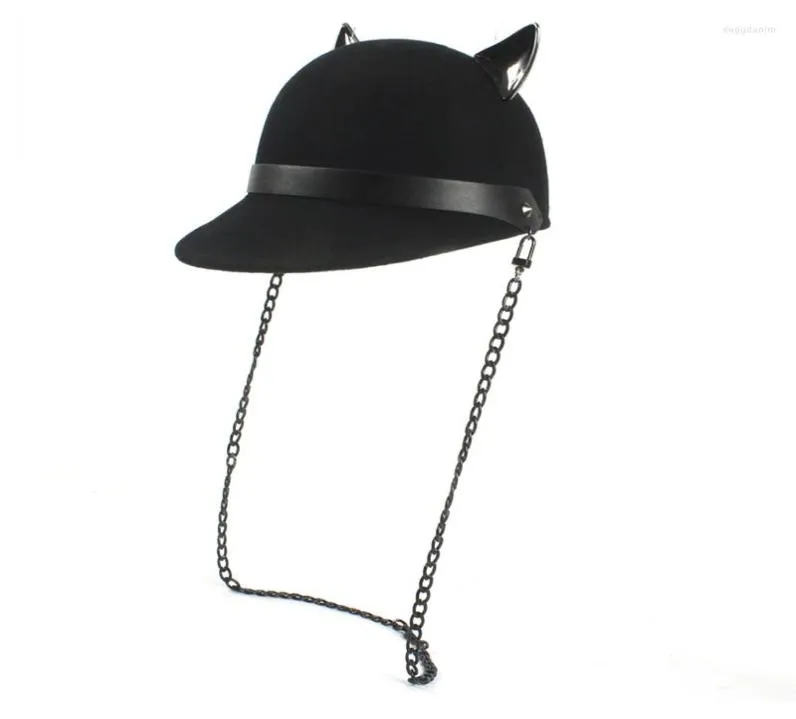 Boll Caps Wool Black Women Baseball Hat With Punk Chain Lady Devil Horns Cute Cat Ear Animal Bowler Visor Cap2199677