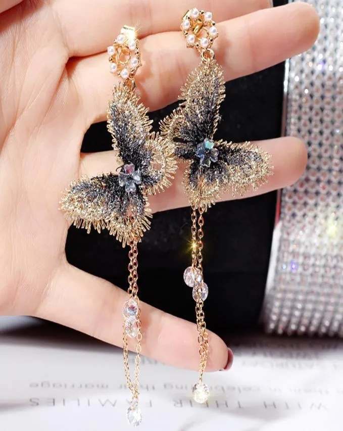 2019 New Fashion Women Pearl Earrings Embroidery Butterfly Crystal Long Tassel Drop Dangle Earrings Jewelry for Girls Gift8064910