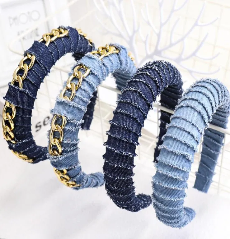 Moda sólida azul denim acolchoado bandana para mulheres novo estilo de metal corrente hairbands meninas argola de cabelo largo acessórios para o cabelo Statement9592442