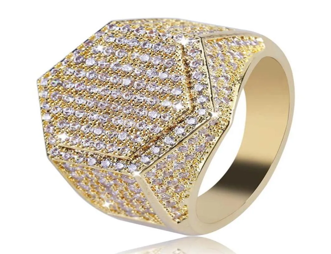 Hip Hop Fashion Hexagon Ring Copper Gold Silver Color Plated Iced Out Micro Pave Cubic Zircon Charm Ring for Men Women6356683