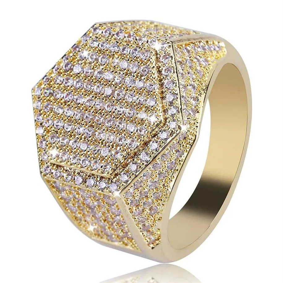 Hip Hop Cube Hexagon Ring Copper Gold Silver Color Plated Iced Out Micro Pave Cubic Zircon for Men Women317Q