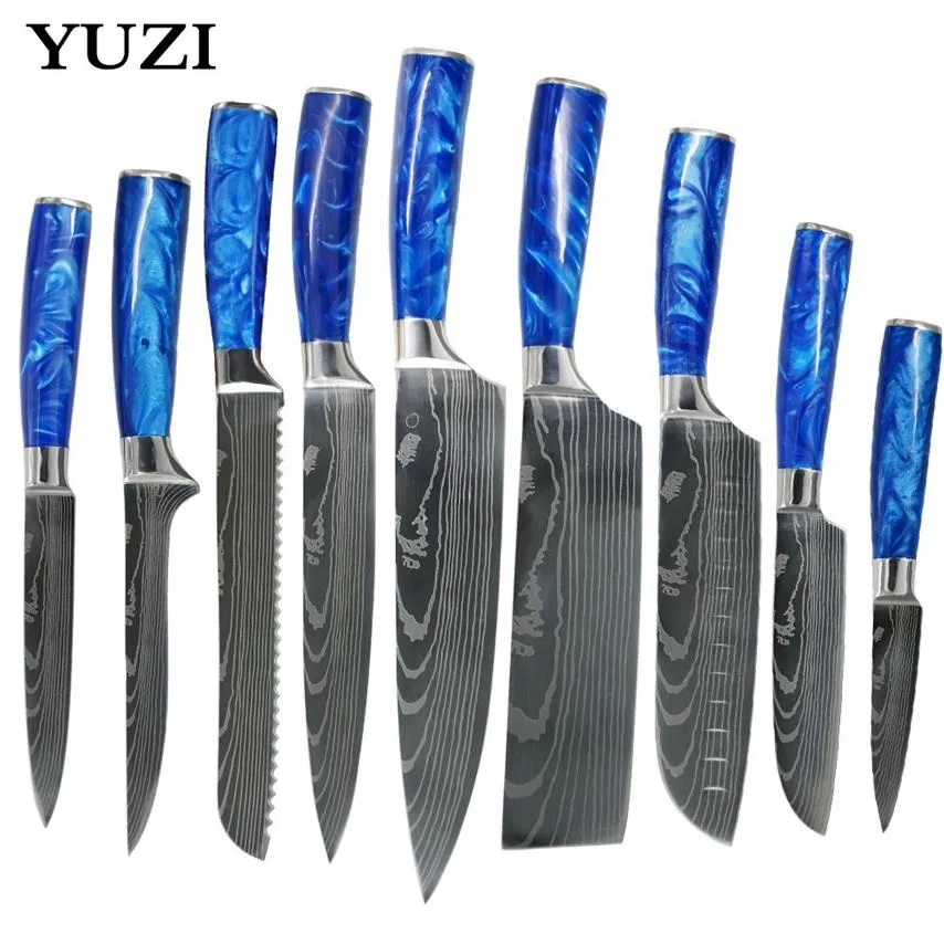 Ensemble de couteaux de cuisine, manche en résine bleue, Chef LNIFE Laser motif EAMASCUS japonais en acier inoxydable Santoku couperet outils de tranchage 271n