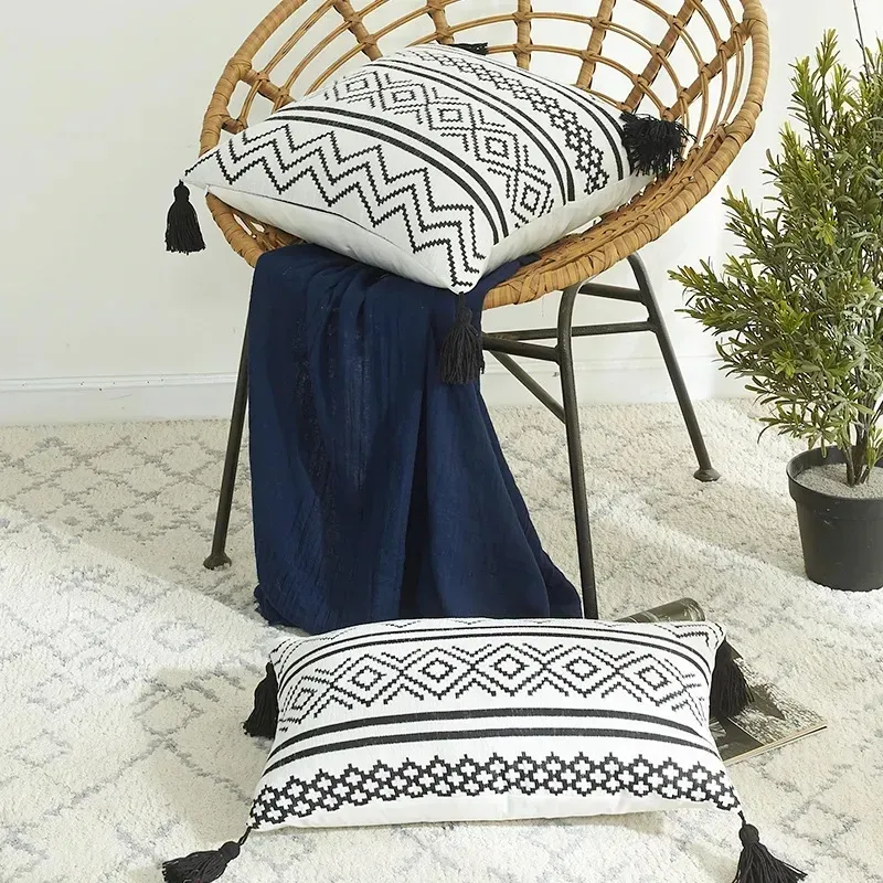 Moroccan Chenille geometric throw pillow jacquard tassel throw pillow case sofa back pillow cover