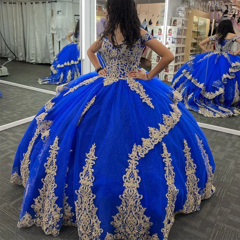 Prachtige Blauwe Glanzend Quinceanera Jurken Goud Applique Kant Uit de Schouder Baljurk Prinses Verjaardagsfeestje Sweet 16 vestidos de 15