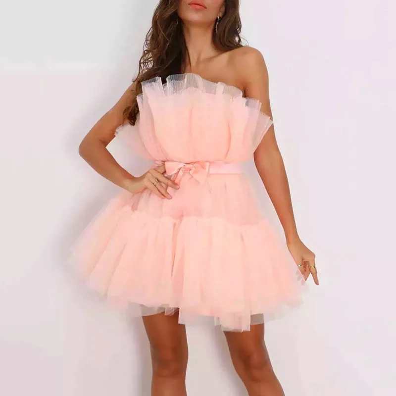 Casual Dresses Tulle Dress Women Cropped Prom Princess Mini Strapless Mesh Pleated Cocktail Party Class Reunion