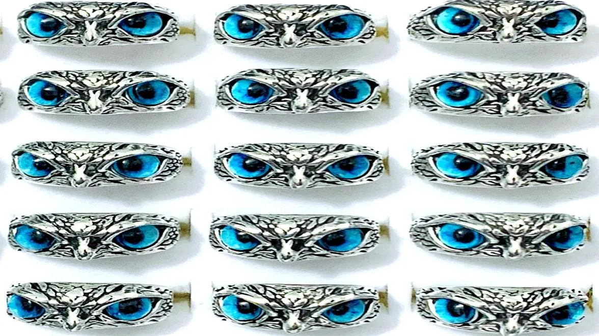 Bulk lots 30pcs blue eye owl vintage rings retro punk gothic rock women men cool biker party gifts jewelry2447878